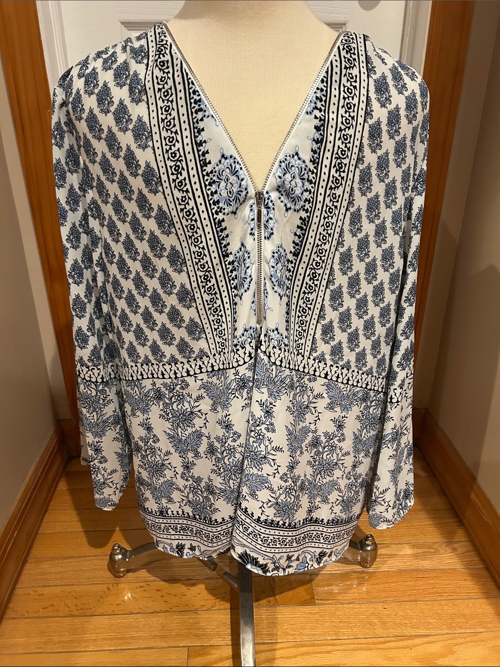INC International Concepts White Blouse with Blue Floral Print